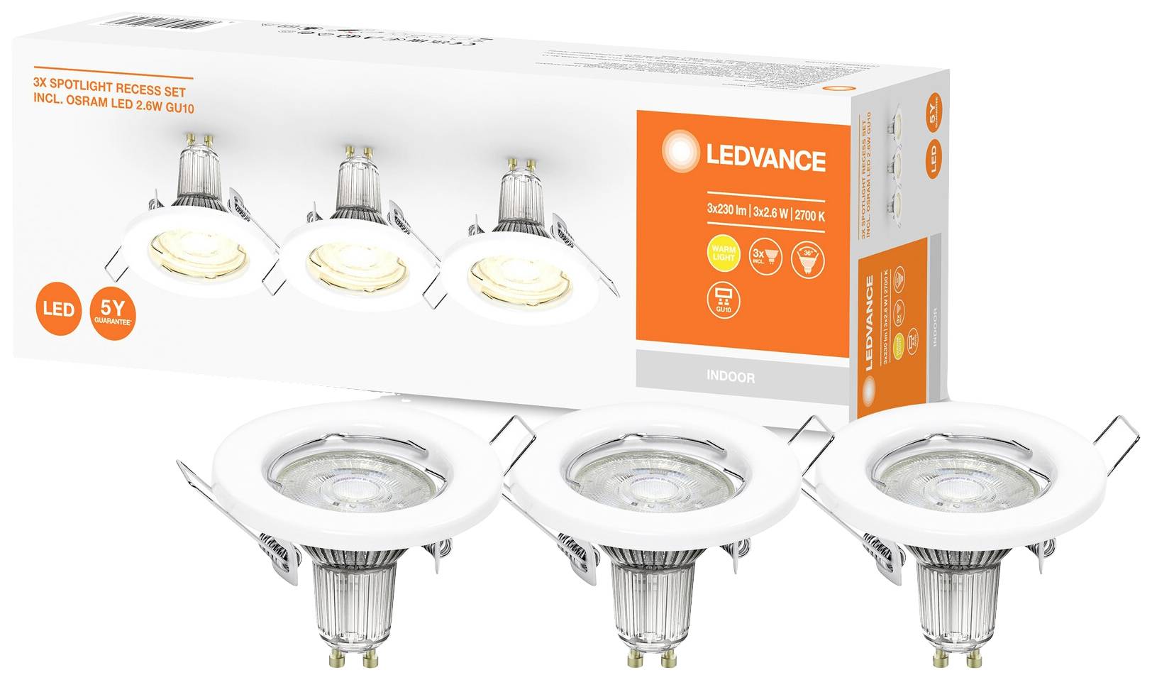 LEDVANCE SET X3 ВБУДОВАНИЙ ТОЧКОВИЙ СВІТИЛЬНИК GU10 LED-лампа для ванної кімнати 4058075611313 GU10 4,5 Вт білий 230 лм