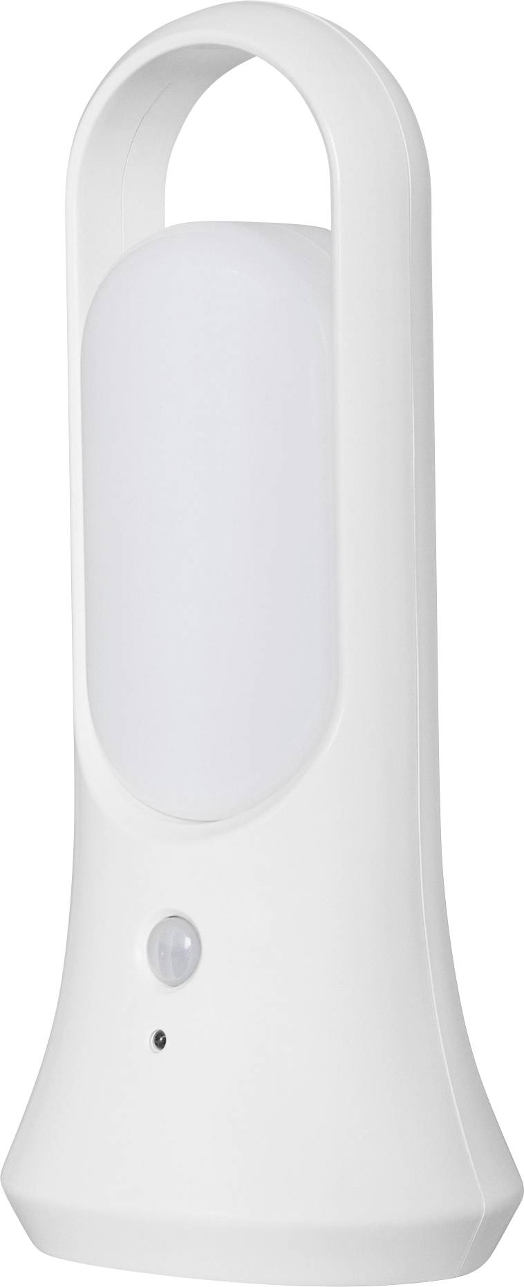 Biała lampa LED z uchwytem i małym czujnikiem od spodu, odpowiednia do przenośnego oświetlenia w ciemnych pomieszczeniach.