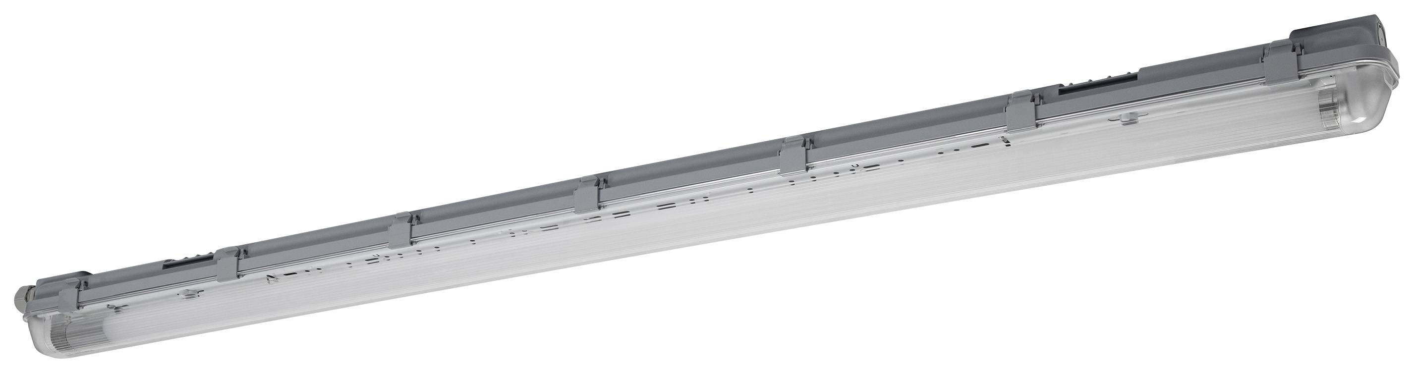 Podłużna, prostokątna lampa sufitowa z ochronną, przezroczystą osłoną, odpowiednia do wnętrz lub warsztatów.