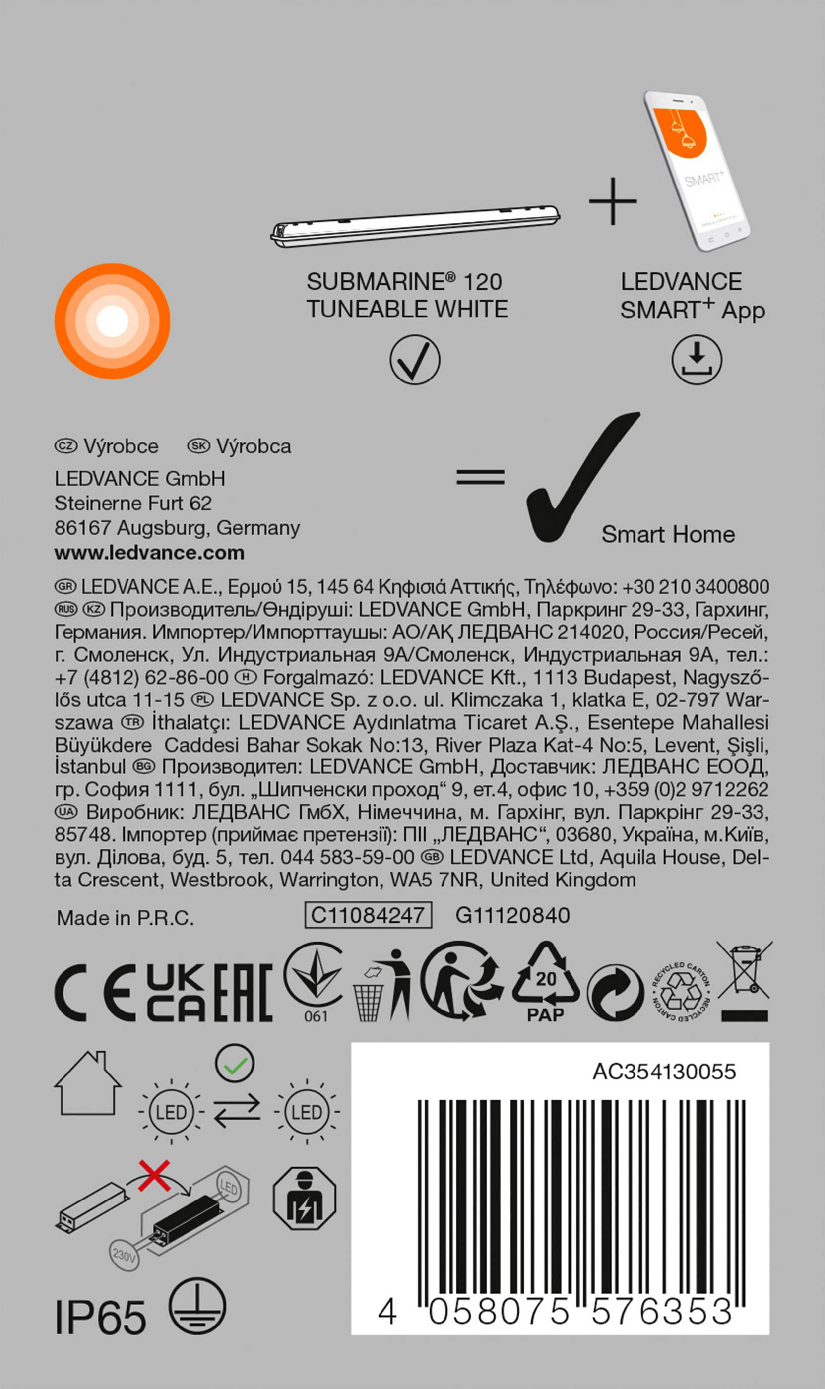 'LEDVANCE Submarine 120 Tunable White' oprawa LED, kompatybilna z inteligentnym domem. Szczegóły produktu i informacje producenta na etykiecie.