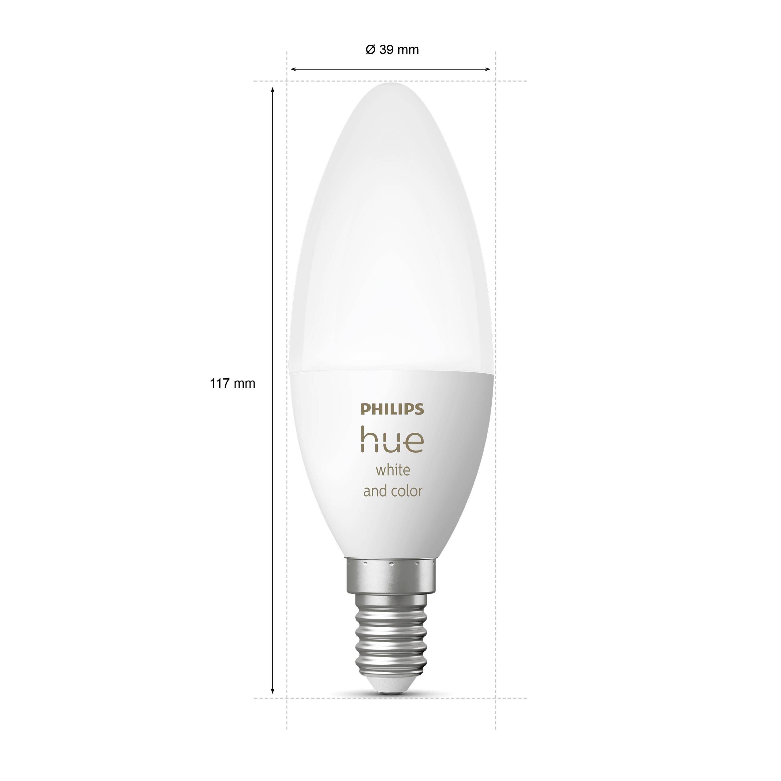 Żarówka Philips Hue, biała i kolorowa, o wymiarach 117 mm wysokości i 39 mm średnicy.