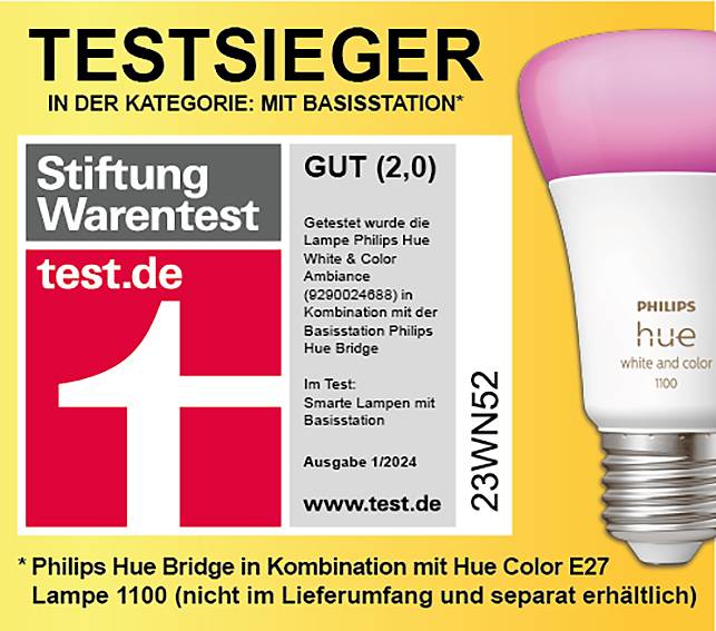 Zwycięzca testu w kategorii: Z basestation. Stiftung Warentest Dobry (2,0). Lampa Philips Hue White and Color Ambiance E27 1100.