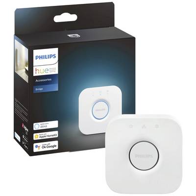 Opakowanie 'Philips Hue Bridge' z obrazem urządzenia. Kompatybilny z Alexa, Apple HomeKit, Google Assistant. Centrala dla inteligentnego oświetlenia.