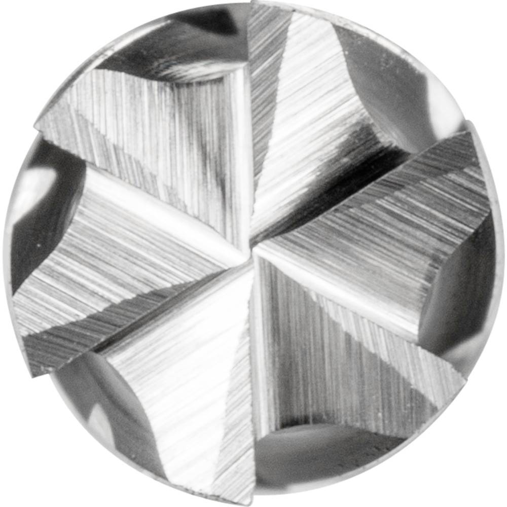 Okrągłe, metalowe narzędzie wiertnicze z czterema ostrymi spiralnymi ostrzami, przeznaczone do precyzyjnego wiercenia i frezowania w różnych materiałach.
