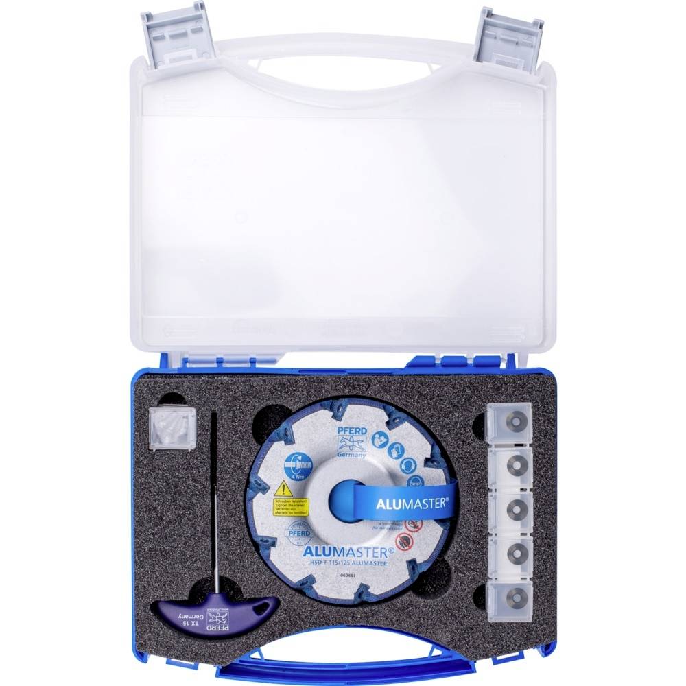Zestaw narzędziowy z tarczą frezującą, kluczem T i akcesoriami. Na tarczy oznaczenie 'ALUMASTER'. Walizka posiada przezroczystą pokrywę.