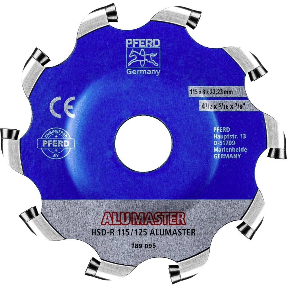 Narzędzie tnące z niebieskimi etykietami, informacjami o marce i modelu. Wymiary 115x8x22,23 mm, HSD-R 115/125 ALUMASTER.