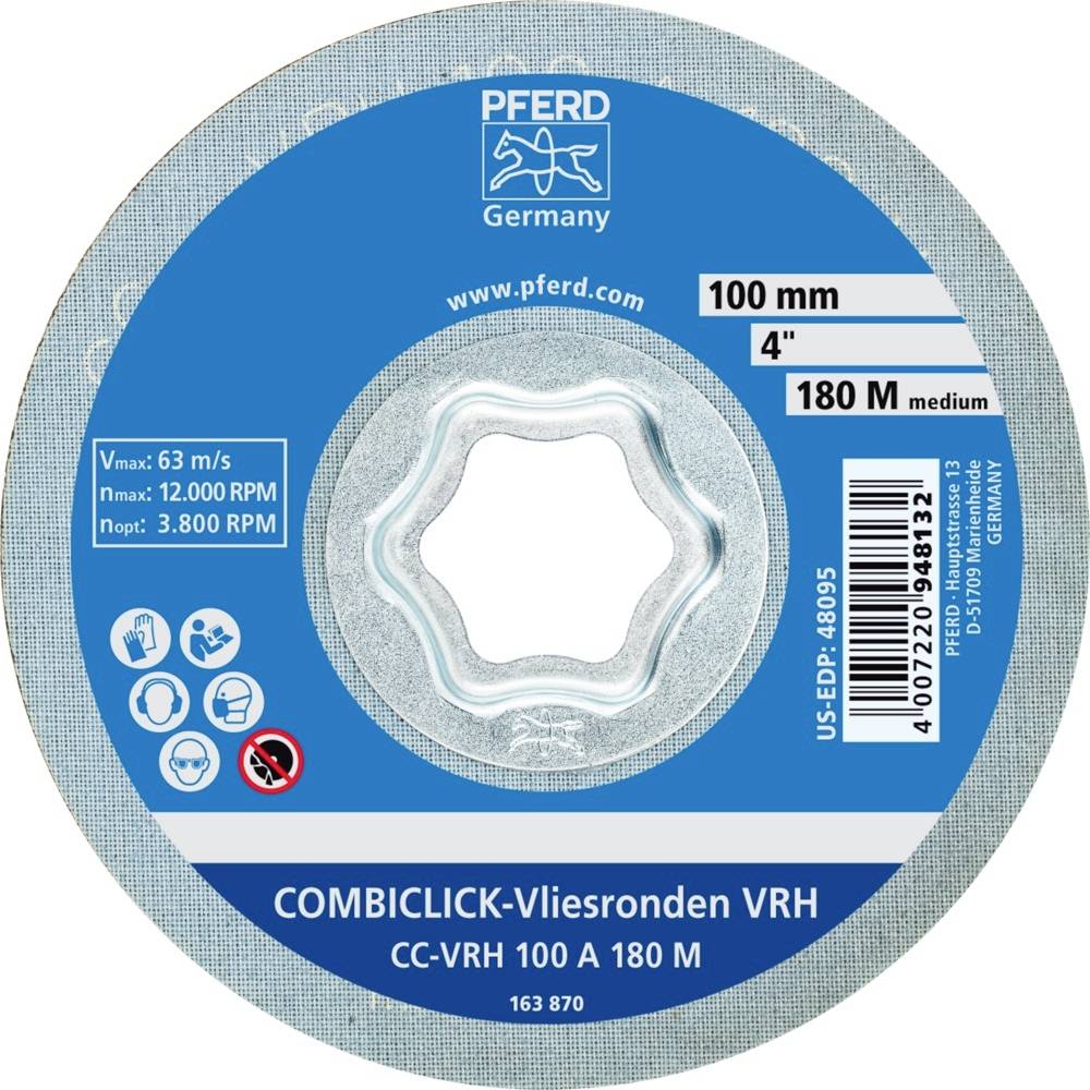 Tarcza ścierna 'Combiclick-Vliesronden VRH', 100 mm, maks. prędkość 63 m/s, maks. 12.000 obr./min, PFERD Niemcy, niebieskie tło.