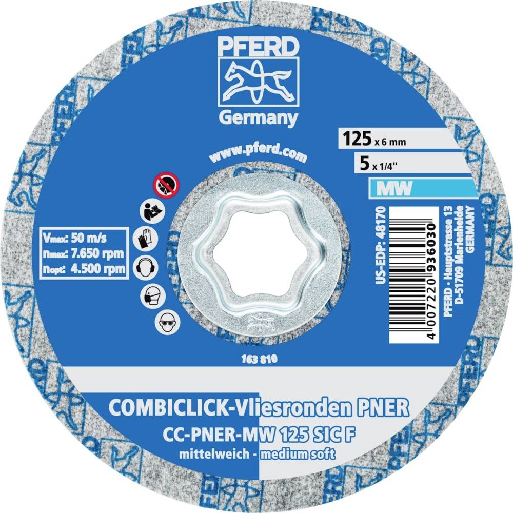 Tarcza szlifierska 'PFERD Germany', system Combiclick, średnica 125 mm, ziarnistość SIC F, średnia prędkość skrawania.