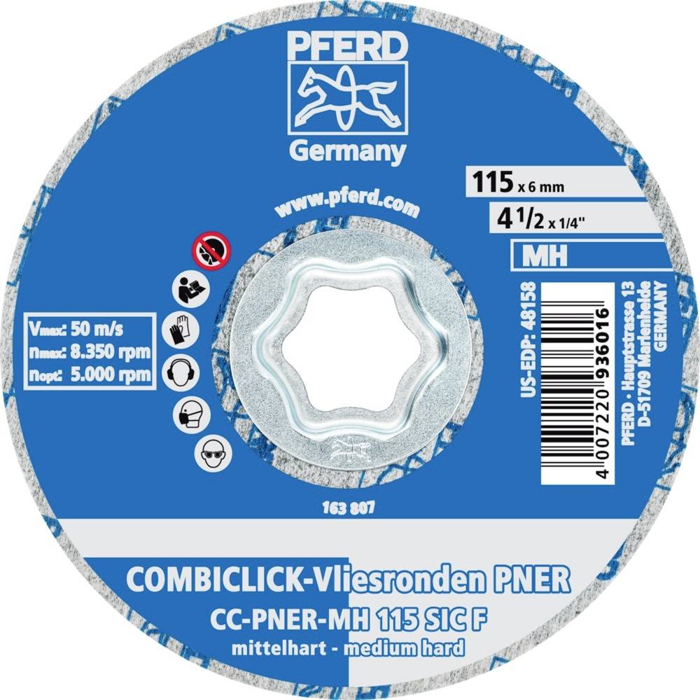 Tarcza ścierna COMBICLICK-Vliesronden PNER, średnica 115 mm. Logo marki 'Pferd Germany'. Szczegóły dotyczące prędkości i twardości.