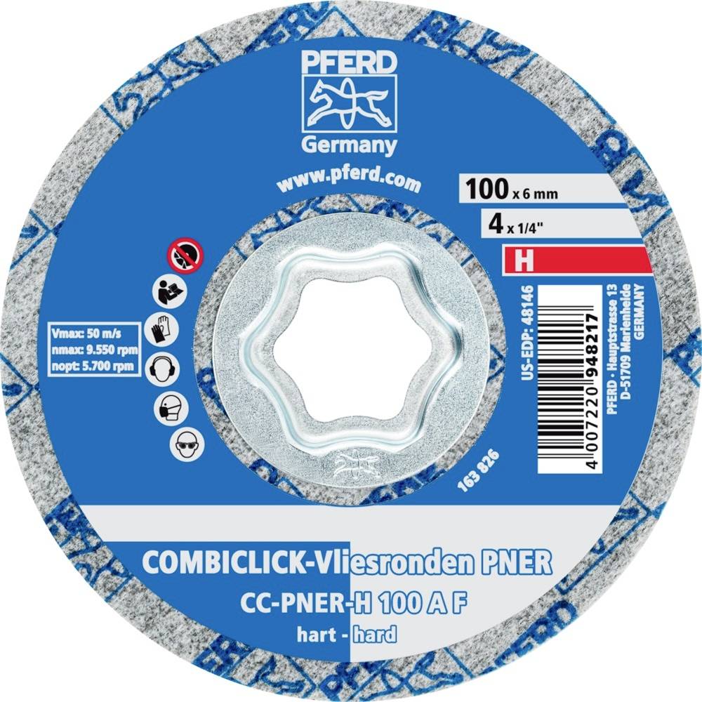 Tarcza szlifierska z napisem 'Pferd Germany', średnica 100 mm, grubość 6 mm, twardość 'H', nadająca się do prędkości do 80 m/s.
