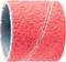 Czerwona wstęga o strukturowanej powierzchni, owinięta skośnym szwem wokół cylindrycznej formy.