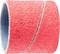 Czerwony pas szlifierski z ziarnistą strukturą, używany do prac szlifierskich na różnych materiałach, widok z boku.
