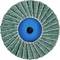 Zbliżenie tarczy szlifierskiej z zielonymi lamelkami i niebieskim środkiem, używanej do szlifowania i polerowania materiałów.