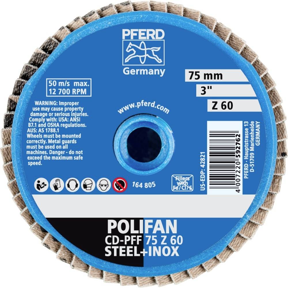 Tarcza ścierna Pferd Polifan CD-PFF 75 Z 60 do stali/stali nierdzewnej; maks. 12.700 obr./min; 75 mm; z ostrzeżeniem dotyczącym bezpiecznego użycia.