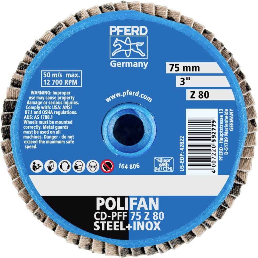 Okrągła tarcza szlifierska firmy 'PFERD Germany', średnica 75 mm, do stali i stali nierdzewnej. Ostrzeżenia i normy na stronie przedniej.