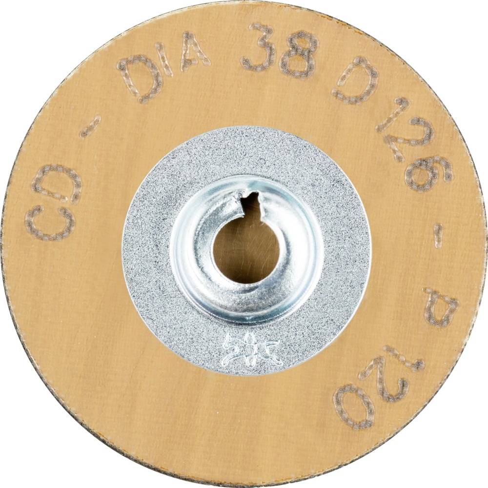 Tarcza szlifierska do wiertarki, brązowa tarcza z srebrnym środkiem. Napis: 'CD-DIA 38 D126-P120'.