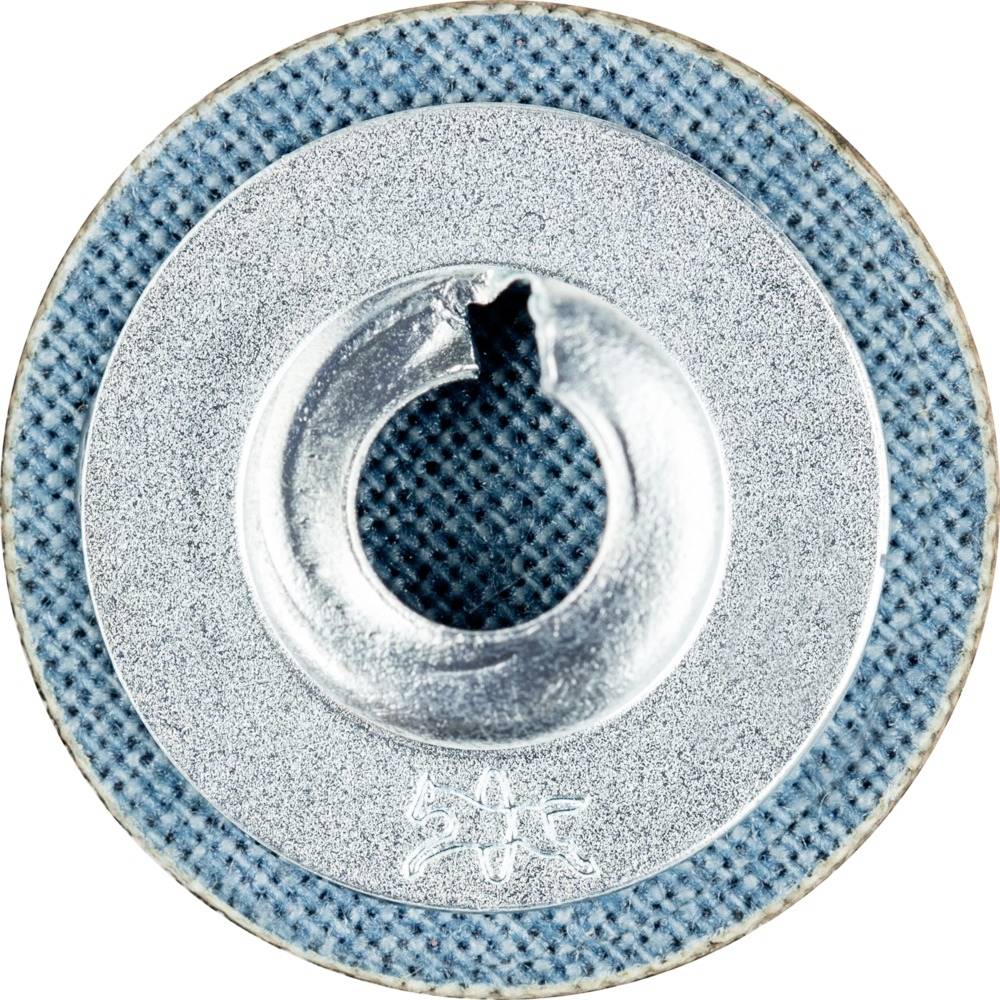 Srebrny krążek szlifierski z niebieską bazą tkaniny. W centrum znajduje się otwór, a widoczne jest oznaczenie lub grawerowanie.