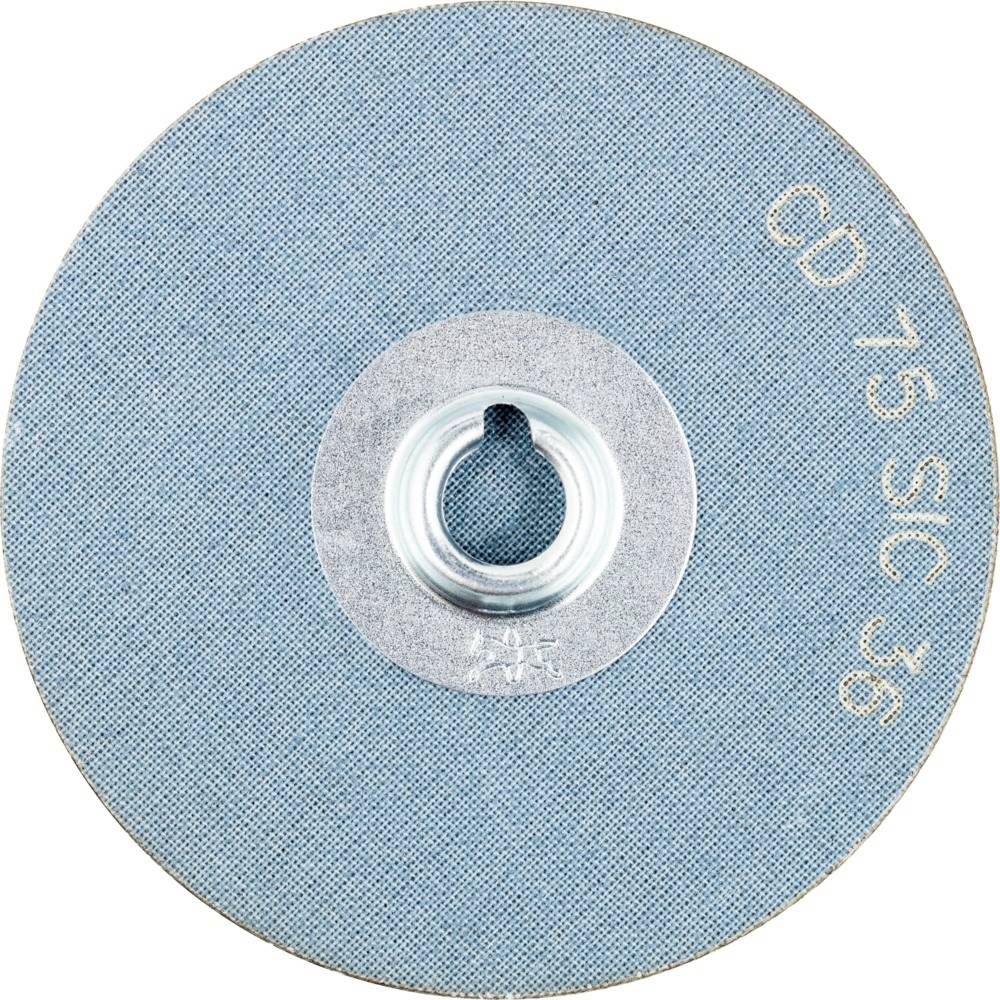 Okrągła tarcza szlifierska o niebiesko-szarej powierzchni. Napis na brzegu: 'CD 15 SIC J6'. W środku znajduje się otwór do mocowania.