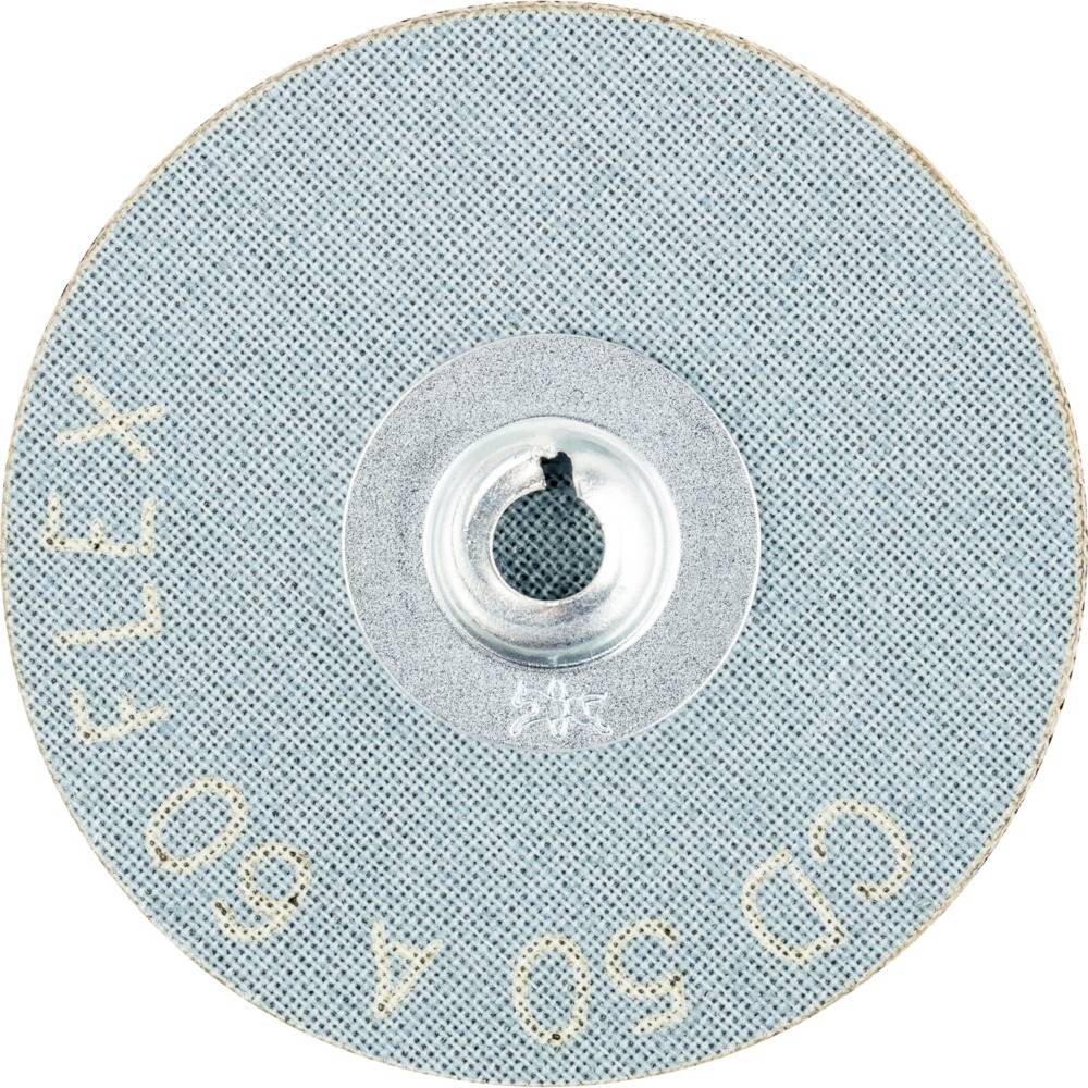 Tarcza szlifierska w kolorze szarym, z metalowym otworem pośrodku i napisem 'FLEX CD 50 A 60'. Idealna do prac szlifierskich.