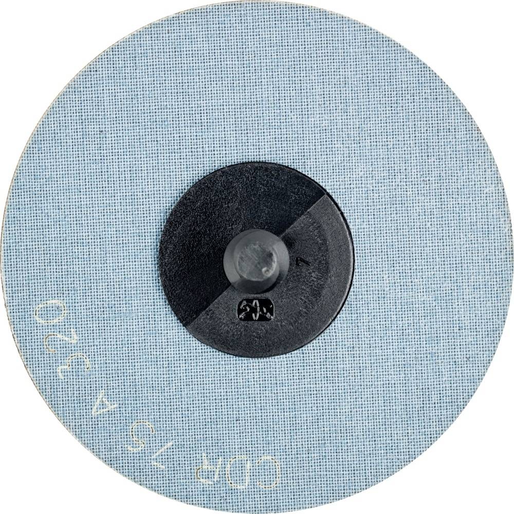 Okrągła podkładka szlifierska o niebieskiej powierzchni z centralnym uchwytem. Oznaczenie na krawędzi: 'CDR 75A 320'.