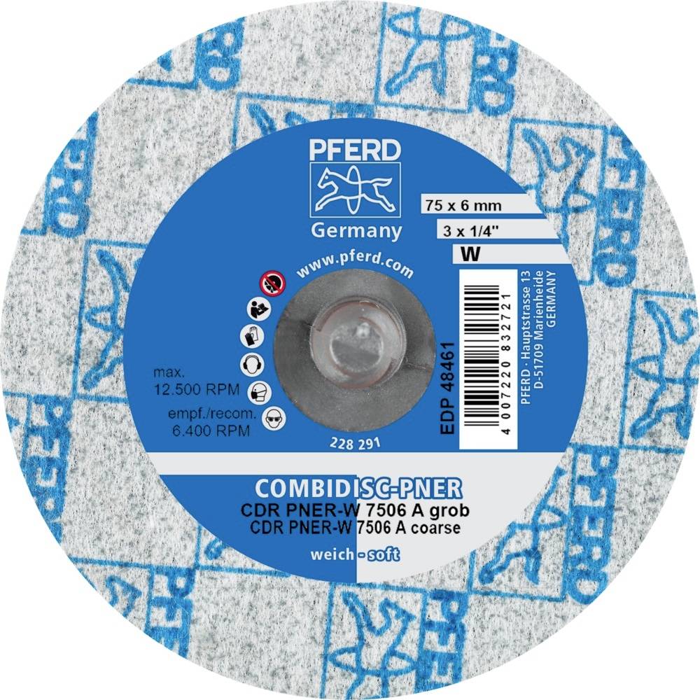 'Tarcza ścierna marki PFERD, model COMBIDISC PNER. Średnica 75 x 6 mm, ziarnistość gruba, maksymalna prędkość obrotowa 12.500 obr./min.'