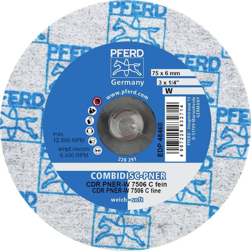 Tarcza ścierna PFERD, model COMBIDISC-PNER, CDR PNER-W 7506 C, miękka do miękkiej, rozmiar 75 x 6 mm, maks. 12.500 obr./min.