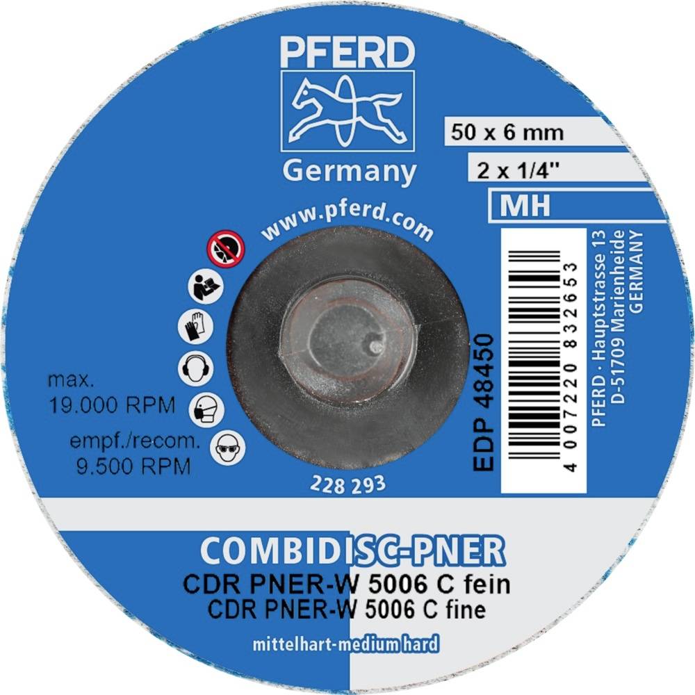 'PFERD Combidisc-PNER, CDR PNER-W 5006 C drobnoziarnisty. Maks. 19.000 obr./min, zalecane 9.500 obr./min. Wymiary: 50 x 6 mm, 2 x 1/4". Średnio-twardy.'
