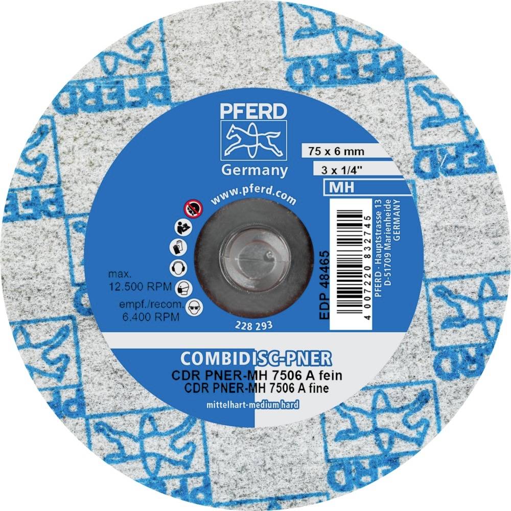 Tarcza ścierna z niebieskim logo i szczegółami technicznymi: średnica (75 x 6 mm), maksymalna prędkość obrotowa (12.500 obr./min) oraz typ (CDR PNER-MH 7506 A drobnoziarnista).