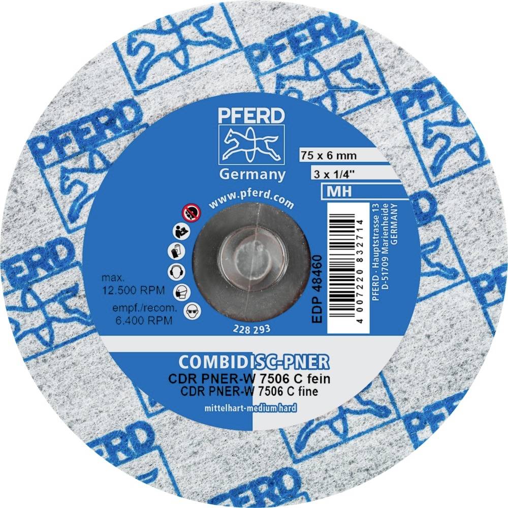 Tarcza szlifierska marki Pferd, model Combidisc-PNER, 75x6 mm, maks. 12.500 obr./min, zalecane 6.400 obr./min, o średniej ziarnistości.