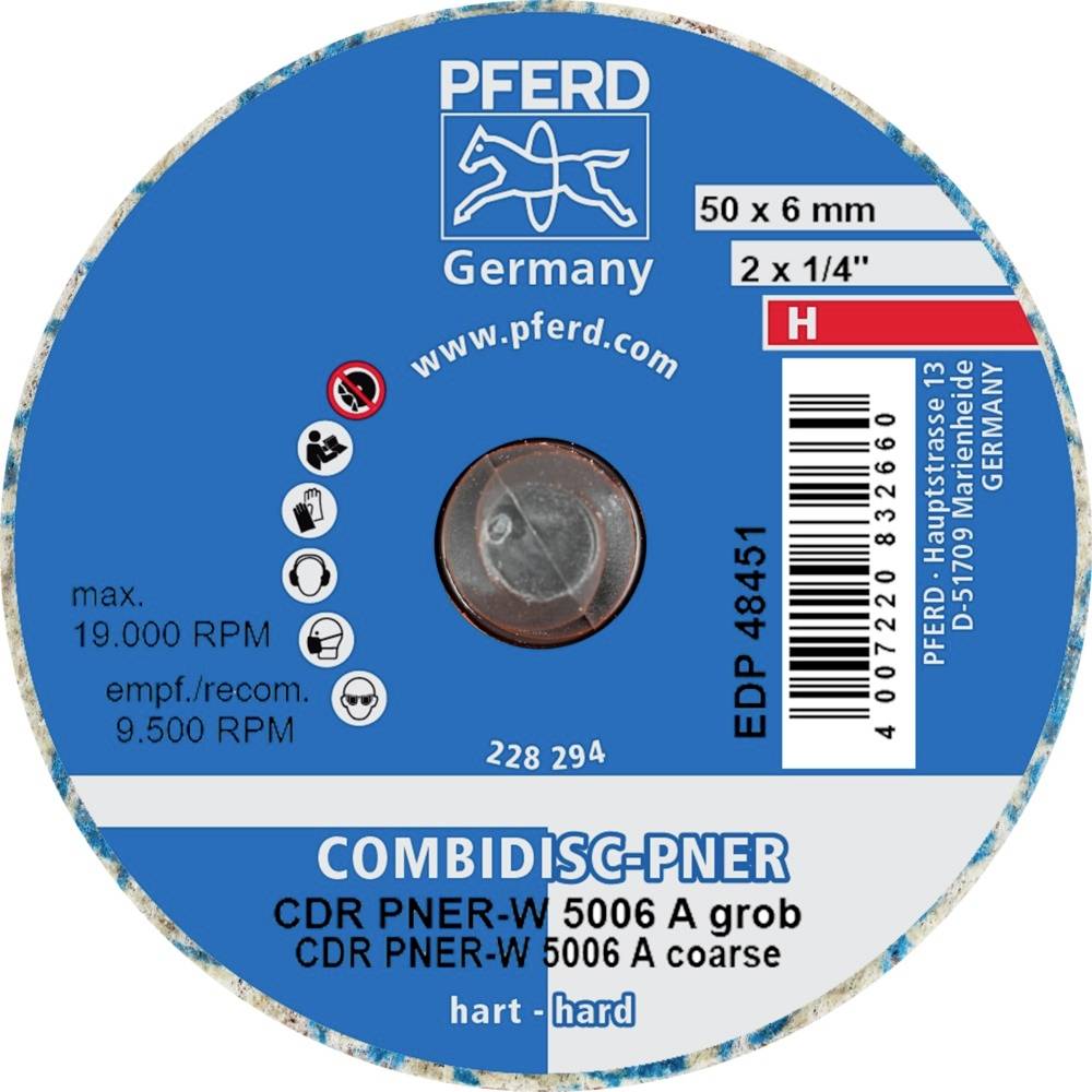 Tarcza ścierna firmy PFERD, model 'COMBIDISC-PNER', wymiary 50 x 6 mm, maks. 19.000 obr./min, zalecane 9.500 obr./min, ziarnistość 5006 gruboziarnista.