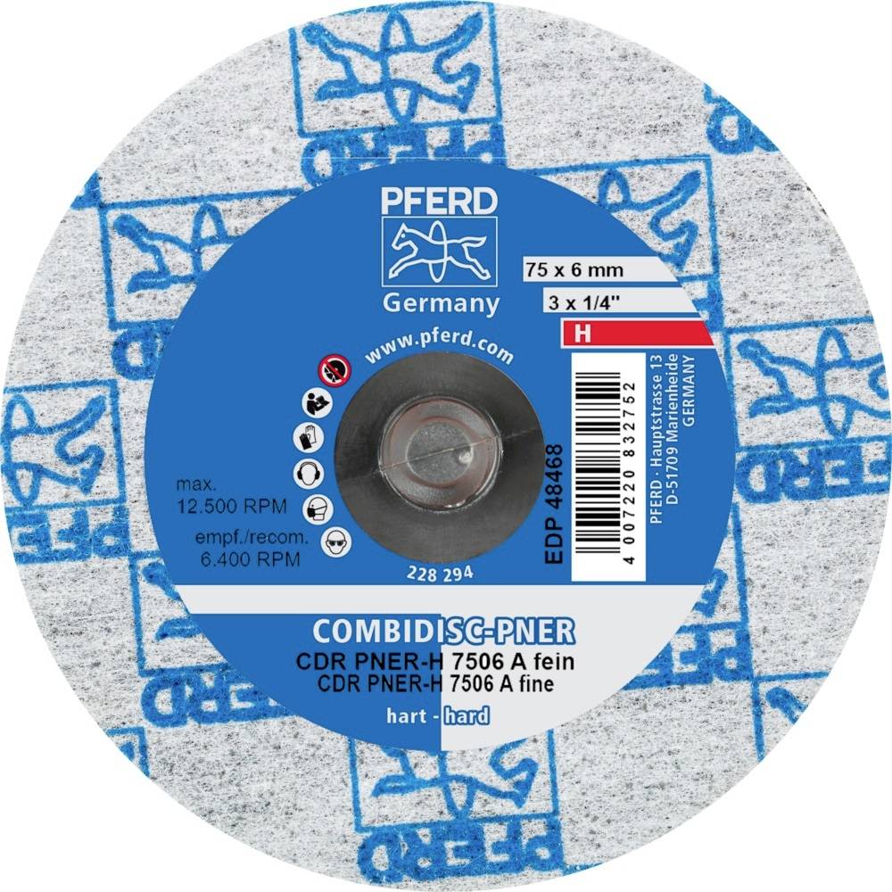 Tarcza szlifierska, marka 'PFERD', średnica 75 x 6 mm, maks. 12.500 obr./min. Model: COMBIDISC-PNER CDR PNER-H 7506 A drobnoziarnista. Wyprodukowano w Niemczech.