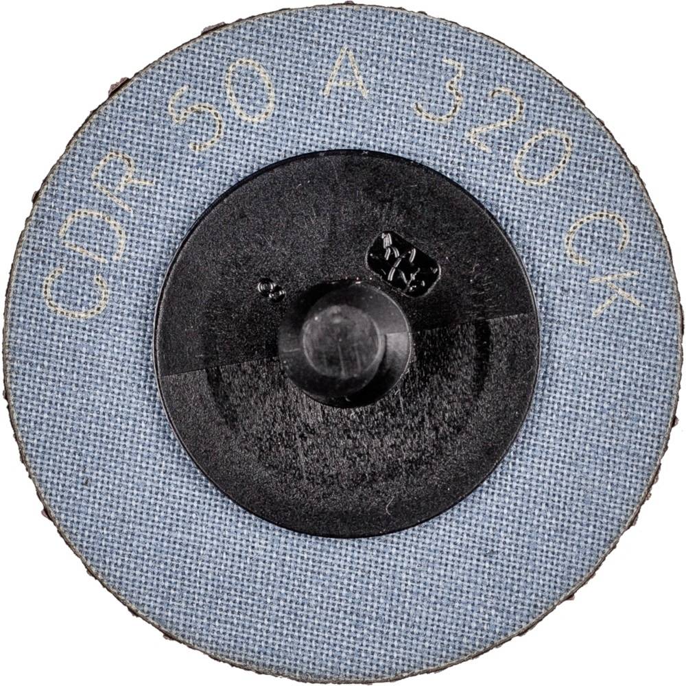 'Tarcza szlifierska z napisem CDR 50 A 320 CK, niebieski tło z tkaniny, czarny mechanizm mocujący pośrodku.'