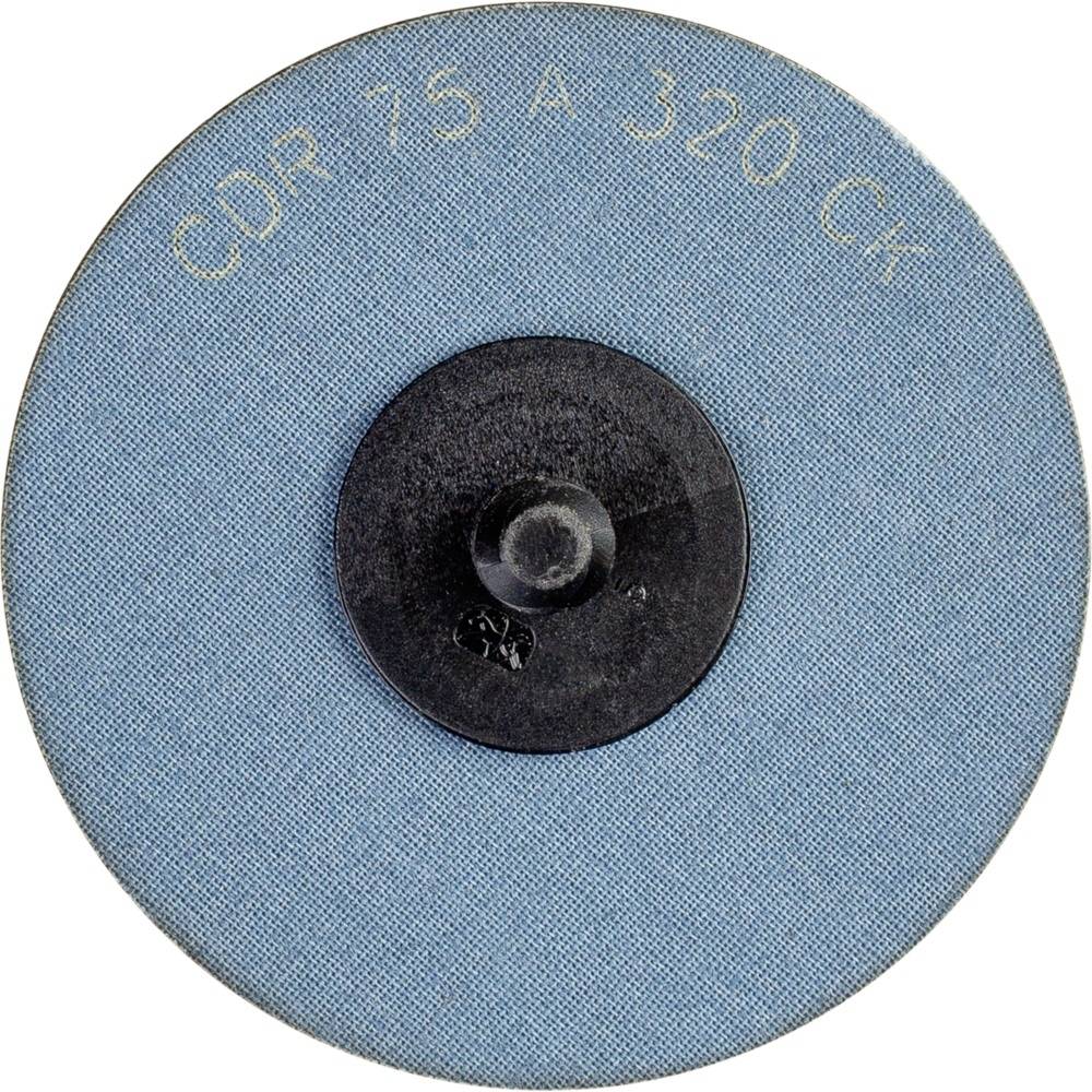 Niebieski dysk papieru ściernego z czarnym środkiem, oznaczony napisem 'CDR 75 A 320 Ck'.