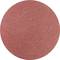 Czerwony, okrągły arkusz papieru ściernego o ziarnistej strukturze, na białym tle.