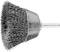 Metalowa szczotka druciana z cylindryczną główką i falistymi włoskami, używana do czyszczenia lub usuwania rdzy.