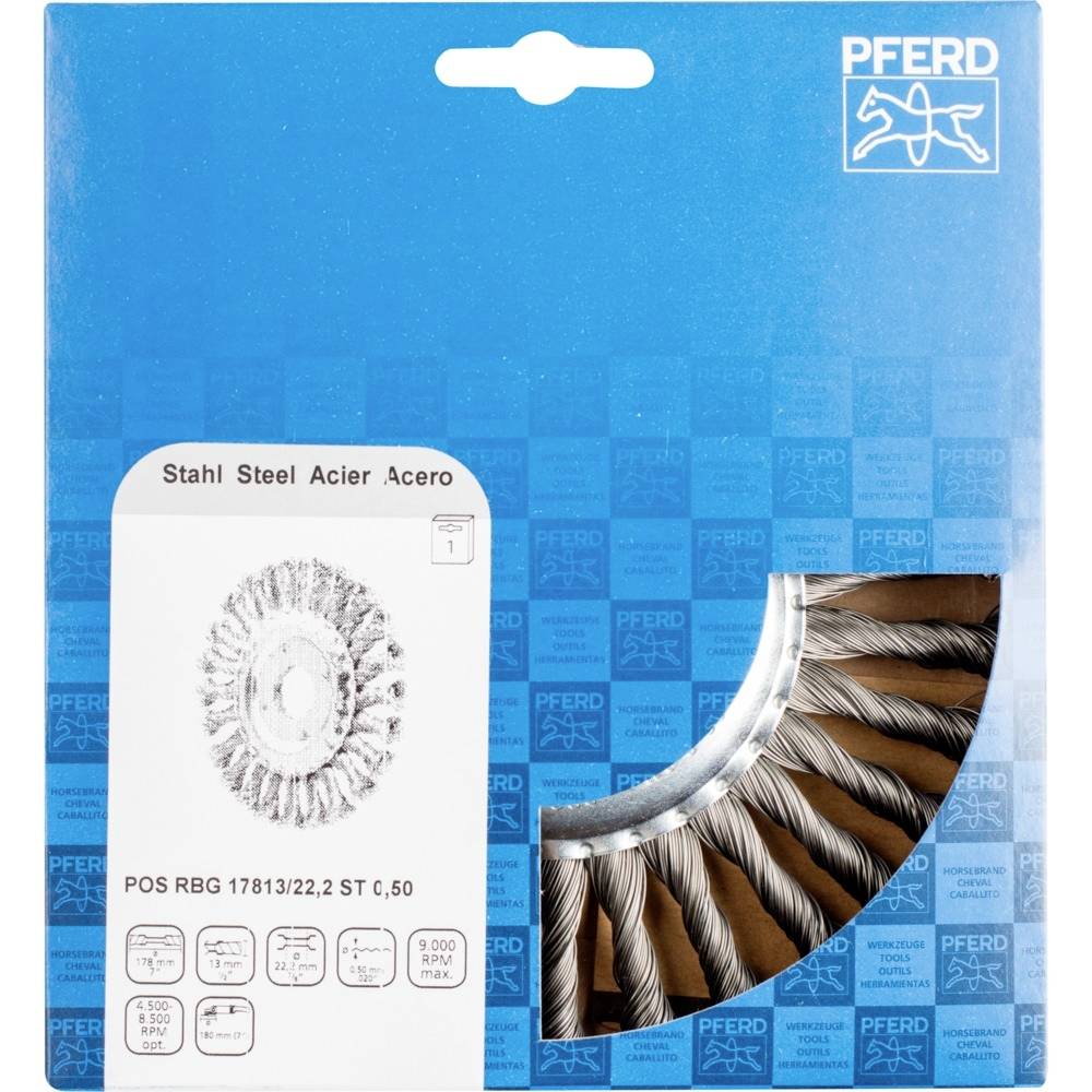 'Szczotka druciana PFERD ze stali, falista, do obróbki kątowej i powierzchniowej. Opakowanie z charakterystyką produktu i symbolami.'