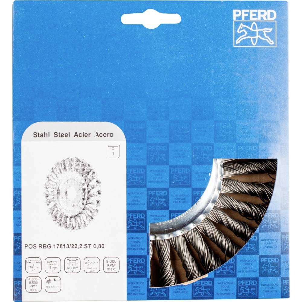 'Szczotka okrągła PFERD ze stali, opakowanie produktu z obrazkiem szczotki, do czyszczenia i gratowania, szczegóły dotyczące rozmiaru i materiału.'