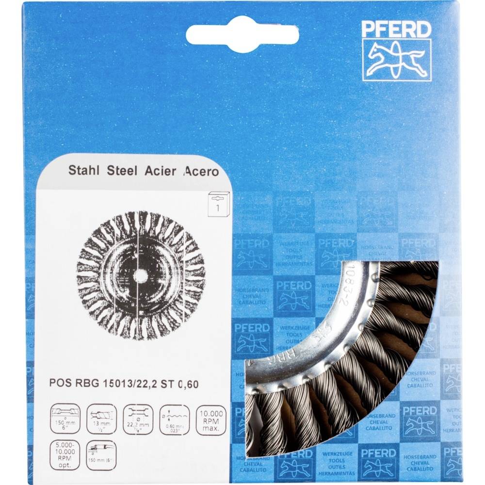Szczotka druciana PFERD Stahl RBG 15013/22,2 ST c,60 na opakowaniu z ilustracją szczotki. Marka PFERD, maksymalna prędkość obrotowa 10.000 obr./min.