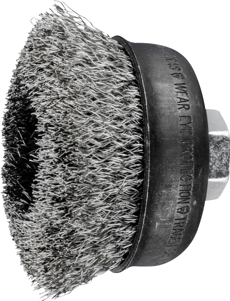 Szczotka druciana do wiertarki; okrągła, gęsto obsadzona metalowymi włoskami, odpowiednia do czyszczenia lub usuwania rdzy i farby.
