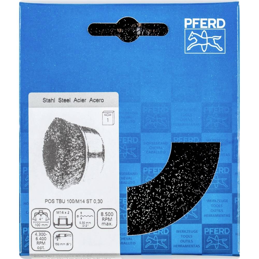 Niebieski karton z napisem 'Koń', przedstawiający przemysłowe narzędzie szczotkowe do stali. Maksymalna prędkość obrotowa: 8.500 obr./min.