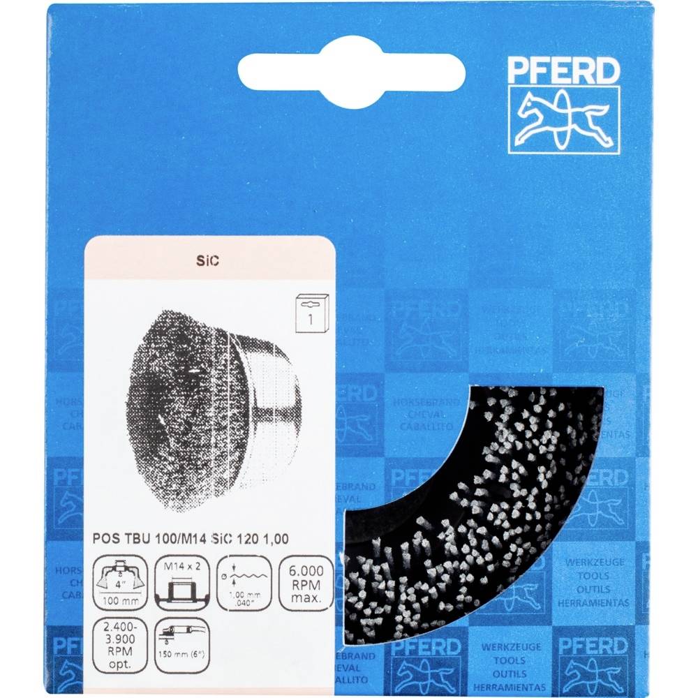 Opakowanie tarczy frezowej z napisem 'SiC 120' oraz szczegółami technicznymi takimi jak prędkość obrotowa i wymiary przyłącza na niebieskim tle.