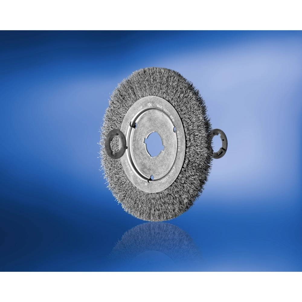 Okrągła szczotka druciana z rdzeniem metalowym, przedstawiona na niebieskim tle. Odpowiednia do prac czyszczących lub polerskich na powierzchniach metalowych.