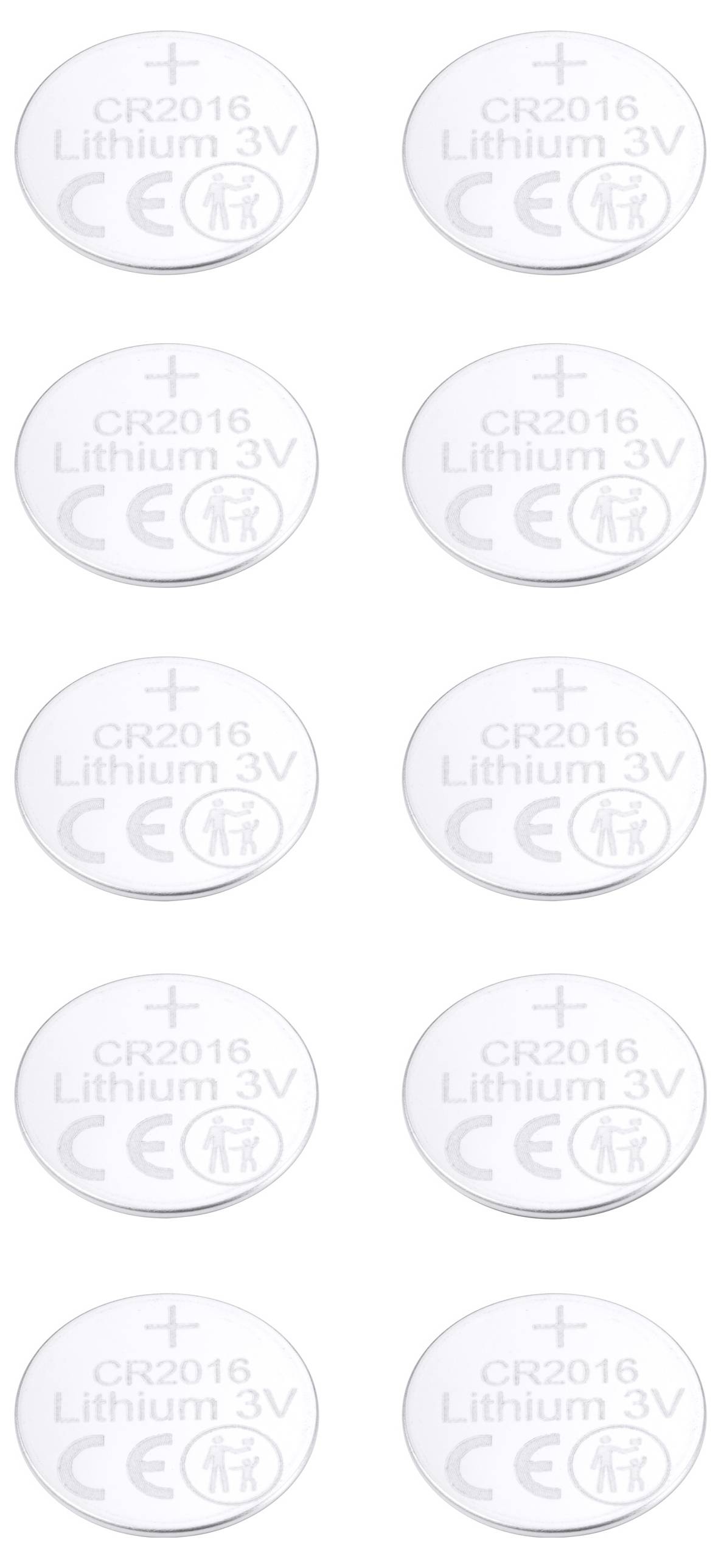 Dziesięć okrągłych baterii pastylkowych z napisem 'CR2016 Lithium 3V CE'.