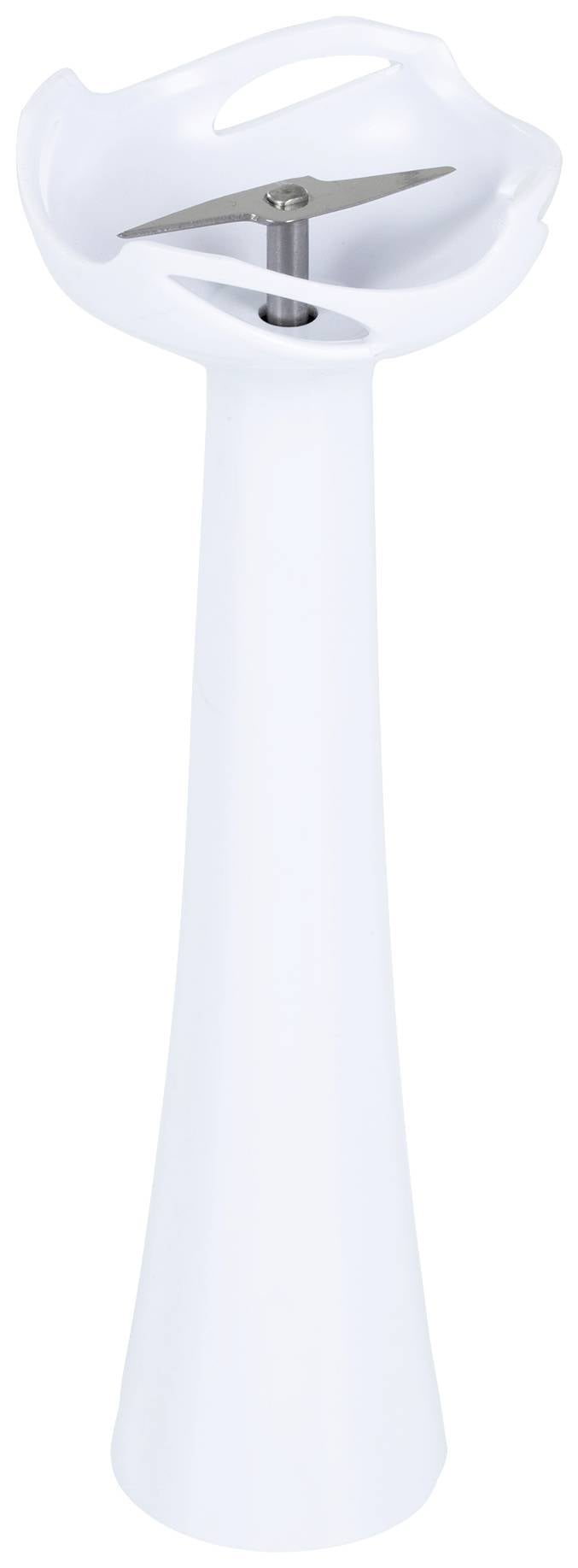 Biały, wąski stojak z tworzywa sztucznego z górną nakładką skrzydłową.