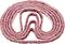 Różowy drucik do czyszczenia fajek został wielokrotnie złożony w kształt pętli, tworząc zwartą, skręconą strukturę na białym tle.