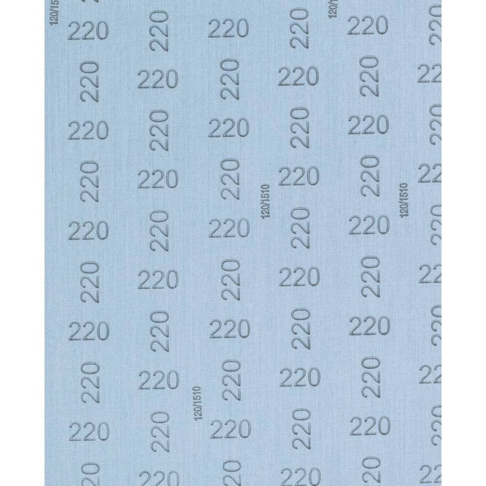 Papier ścierny w kolorze niebieskim z powtarzającym się nadrukiem ziarnistości '220' oraz '1520/1510' do precyzyjnych prac szlifierskich.