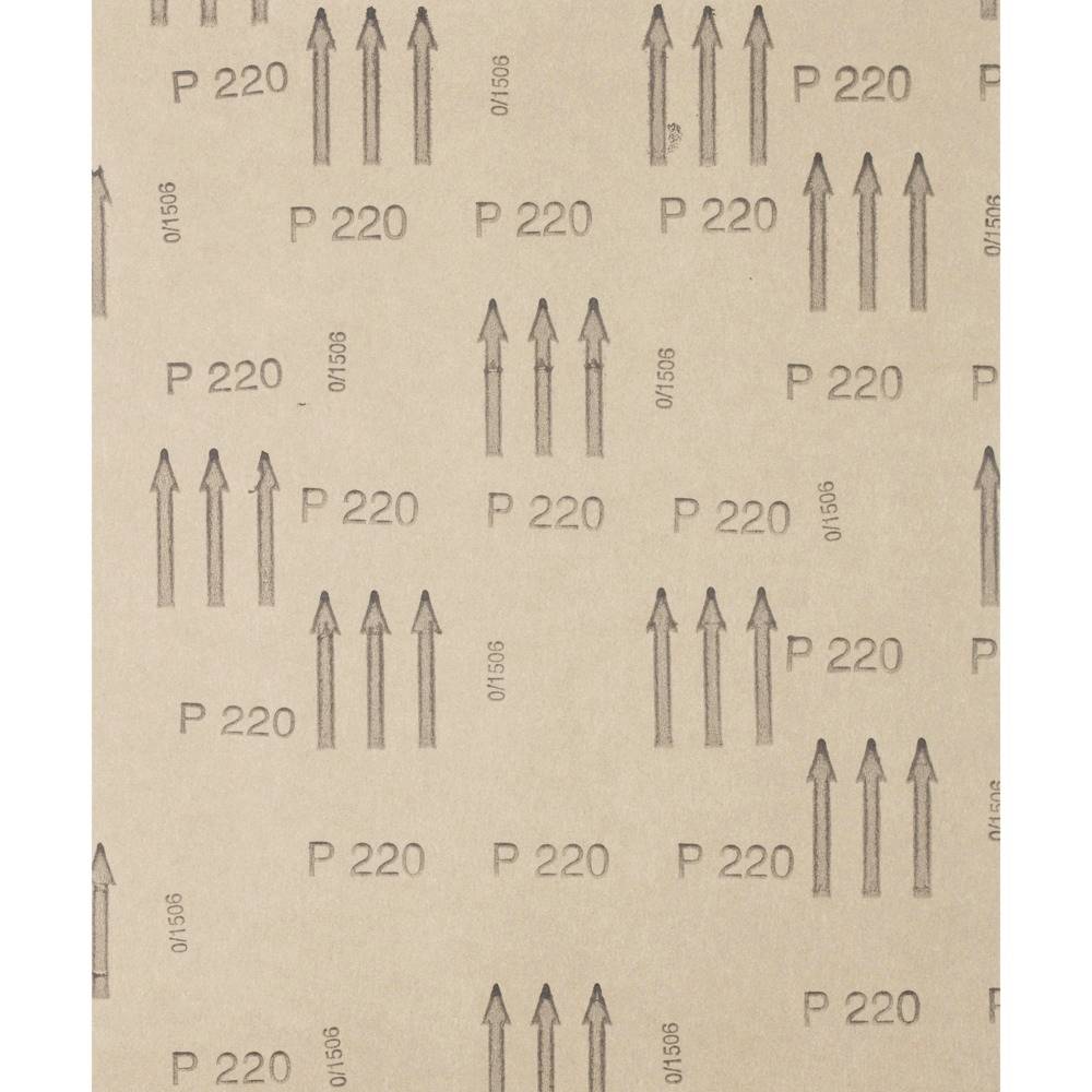 Beżowy papier ścierny o ziarnistości 'P 220', zadrukowany strzałkami i kilkoma numerami.