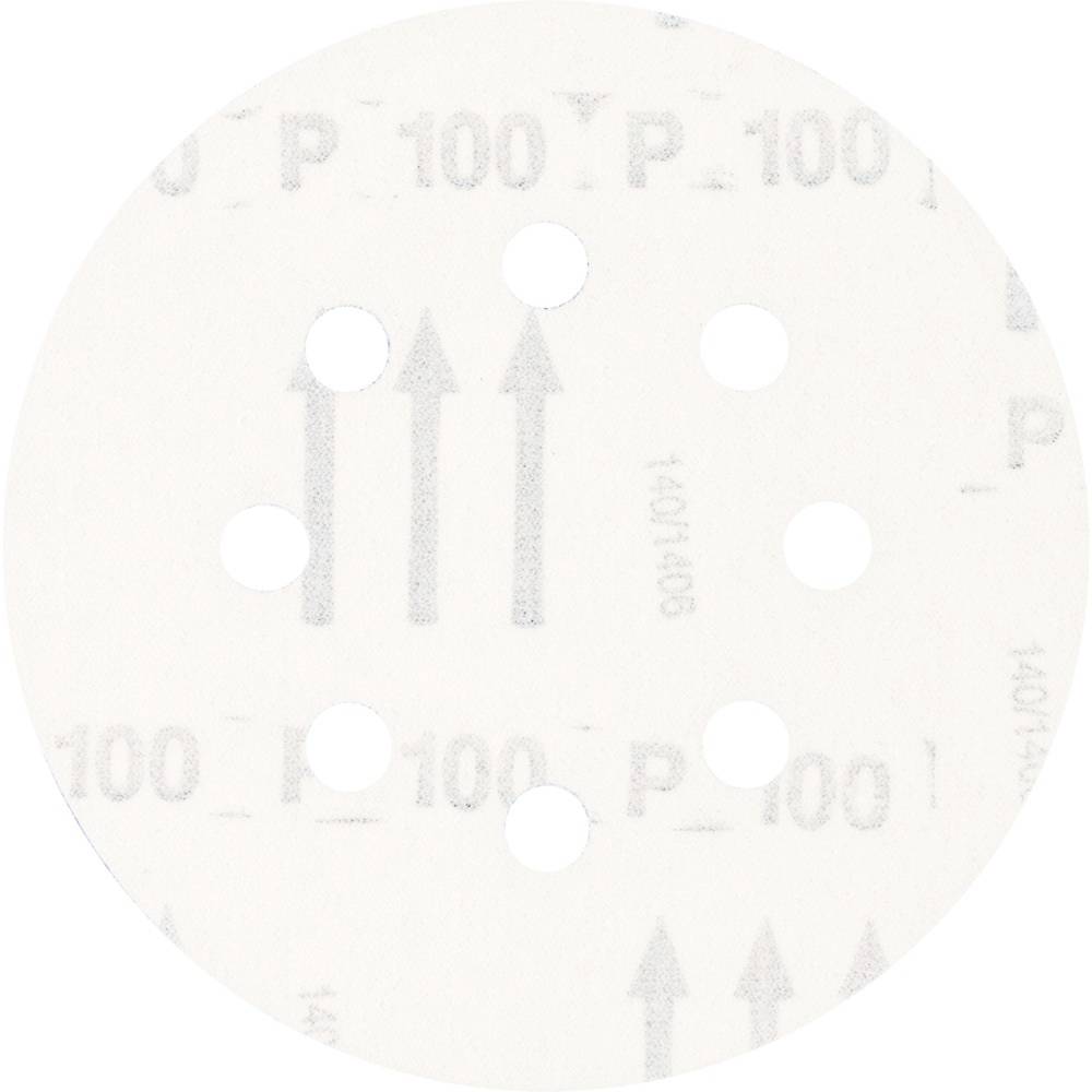 Okrągła tarcza szlifierska z sześcioma otworami, nadrukowanymi napisami 'P 100' i strzałkami.