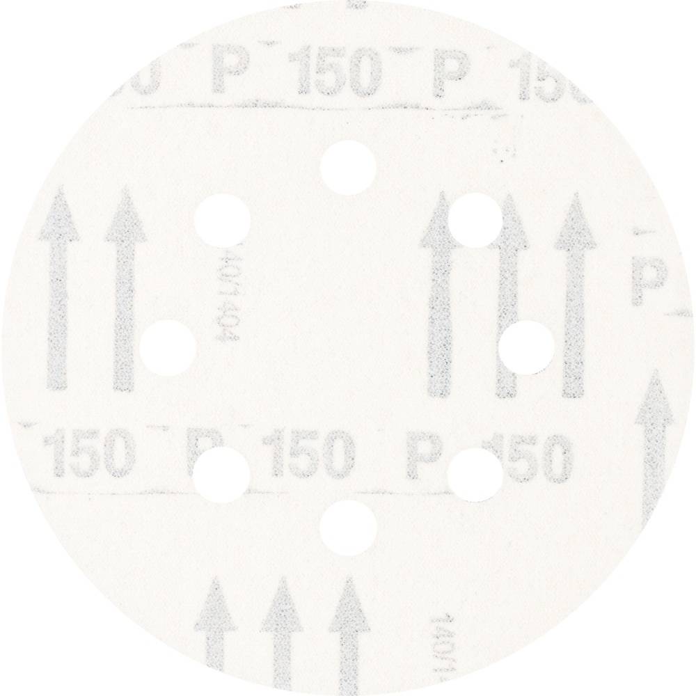 Okrągła nakładka ścierna, biała powierzchnia z szarymi nadrukowanymi strzałkami i napisem 'P 150', posiada sześć otworów.