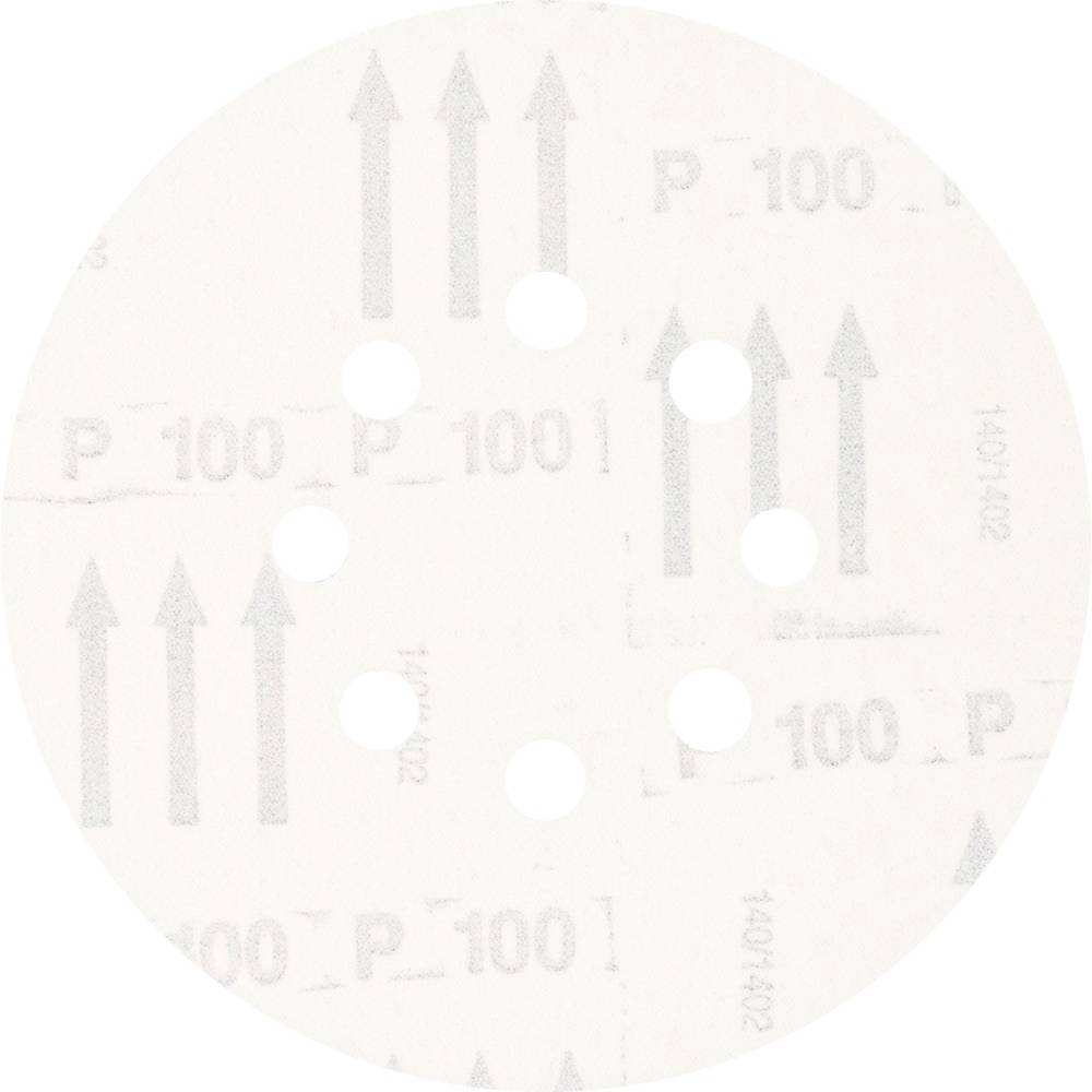 Krążek papieru ściernego z sześcioma otworami, nadrukowaną gradacją 'P 100' oraz strzałkami wskazującymi kierunek użycia.